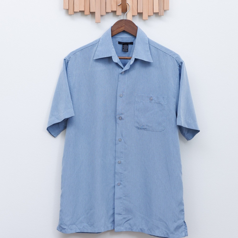 Marquis Mens Blue Micro Check Short Sleeve Button Down Shirt Medium Microfiber